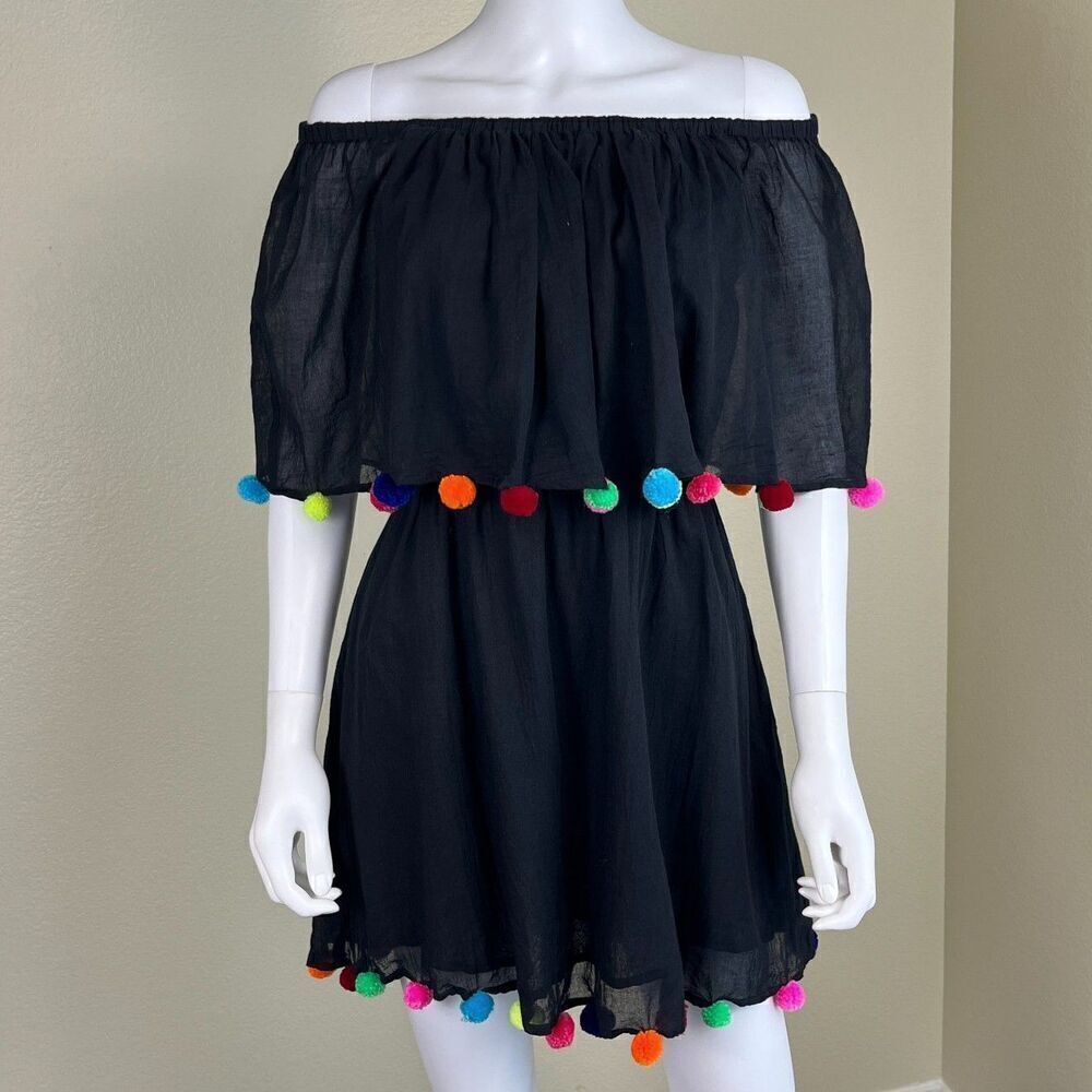 Pitusa Womens Size Standard Black Pompom Festival Cotton Mini Coverup Dress Boho - Picture 4 of 17